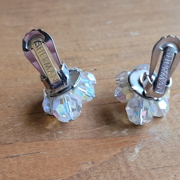 Signed Sherman Beaded White Clear Swarovski Crystal Beads AB Clip on Earrings - Picture 3 of 3
